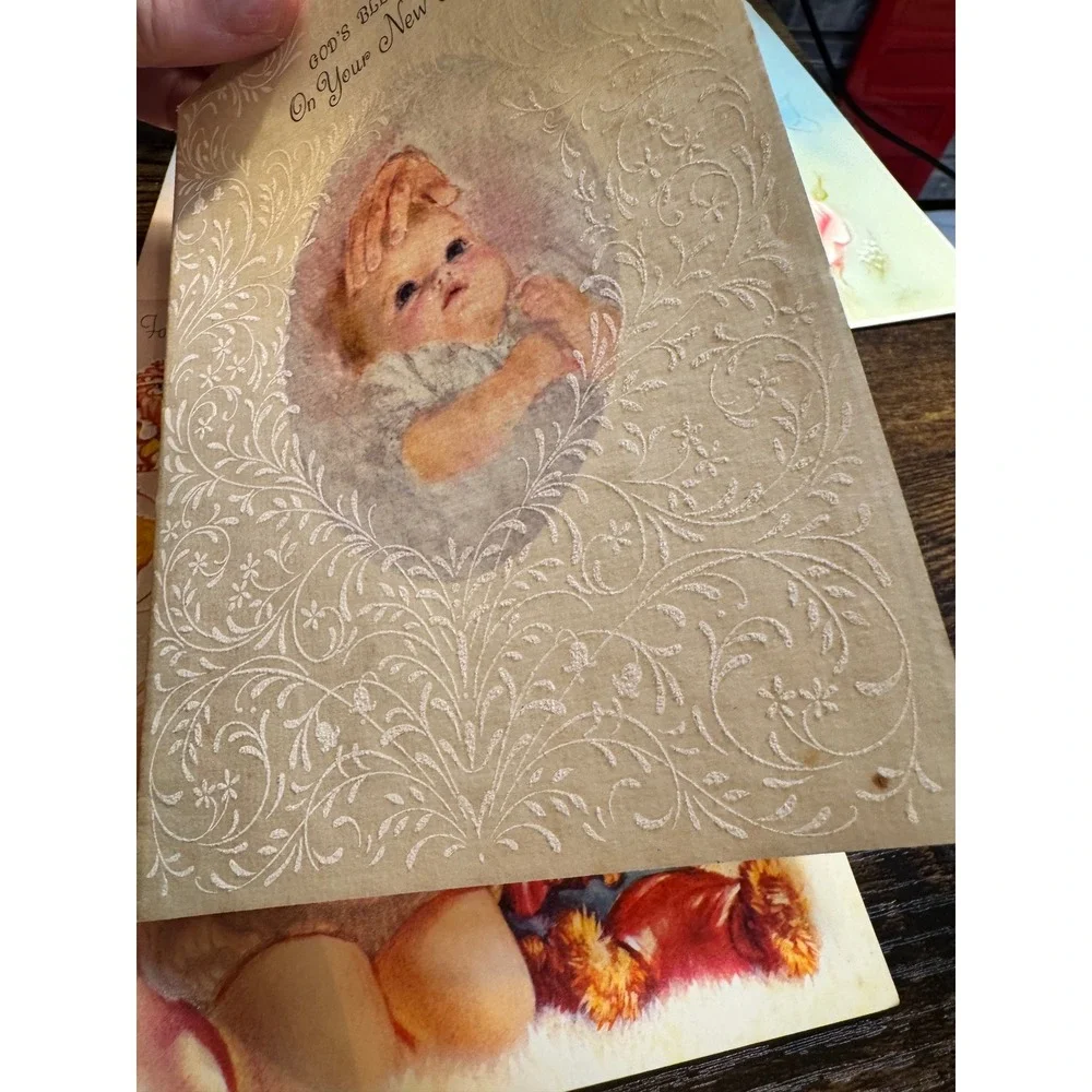 Vintage 1960s Greeting Card Lot 8 Flocked Die Cut Baby Birthday Easter Ephemera